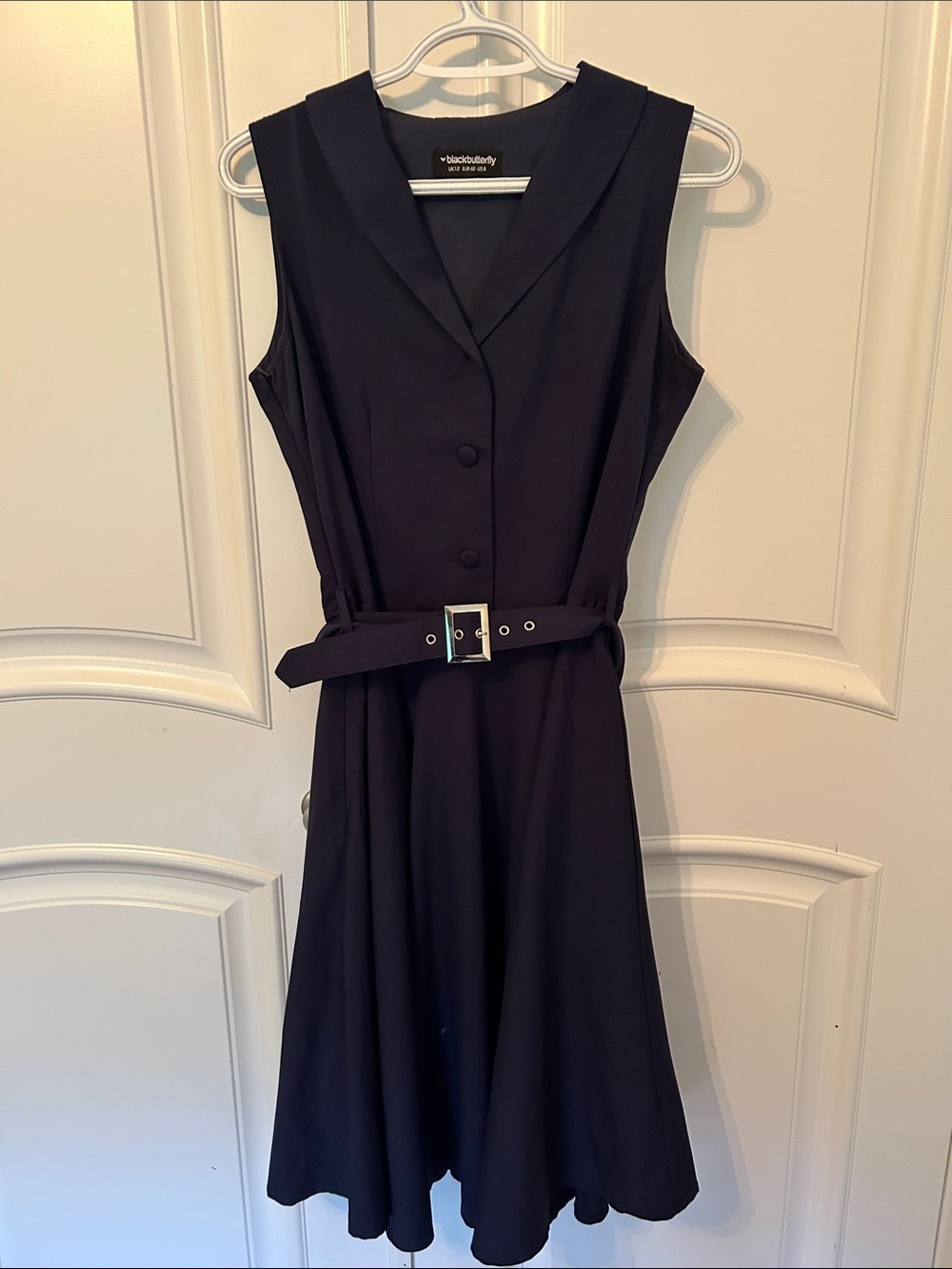 Navy Retro-Style Sleeveless Button-Front Fit & Flare Dress with Belt